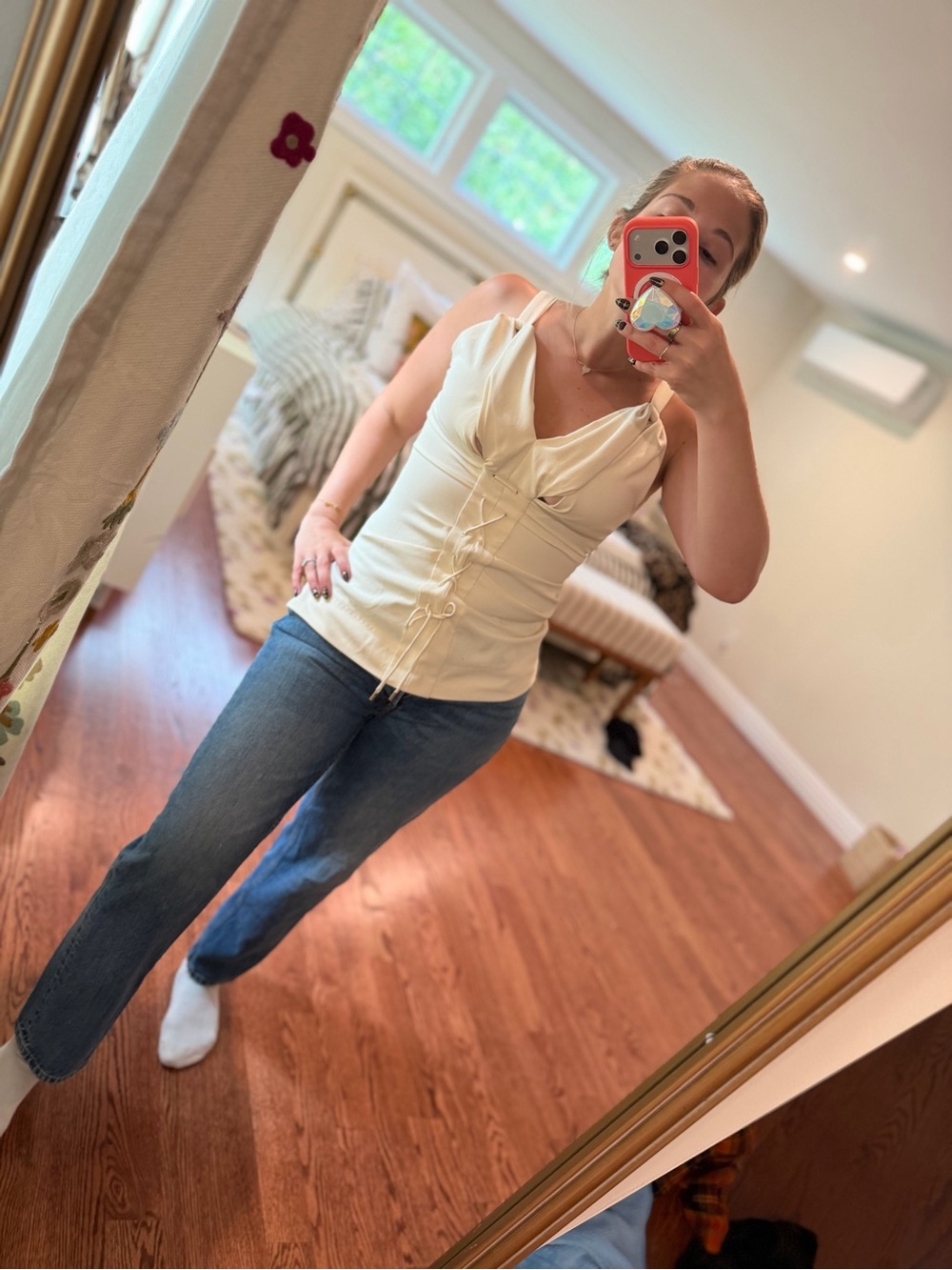 Carven Cream Lace-Up Satin Tank Top